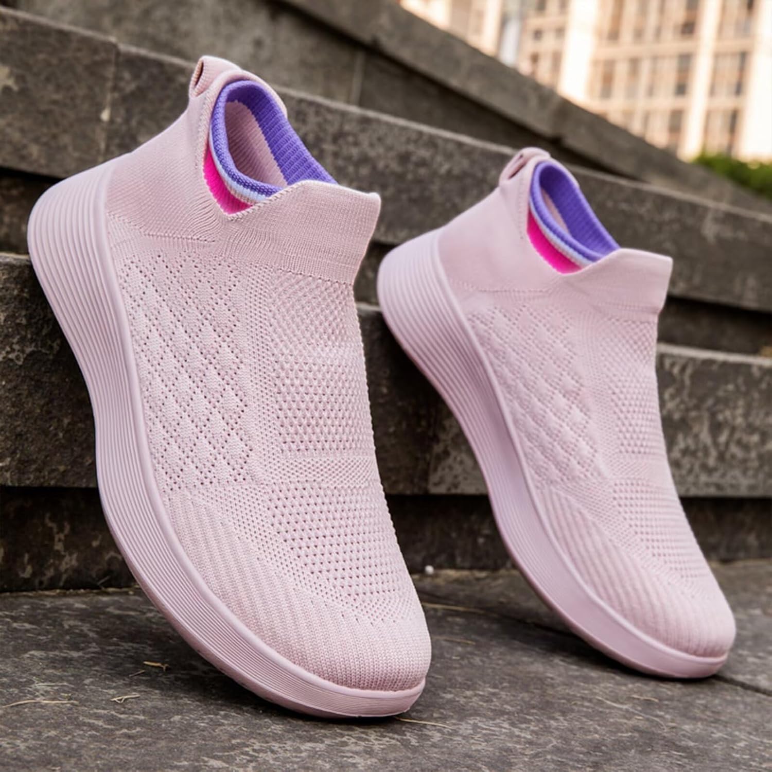 Кроссовки Ozefiad Slip-on для мужчин и женщин, сетчатые кеды без шнурков, повседневная обувь для прогулок, фиолетовый/розовый — фото 3
