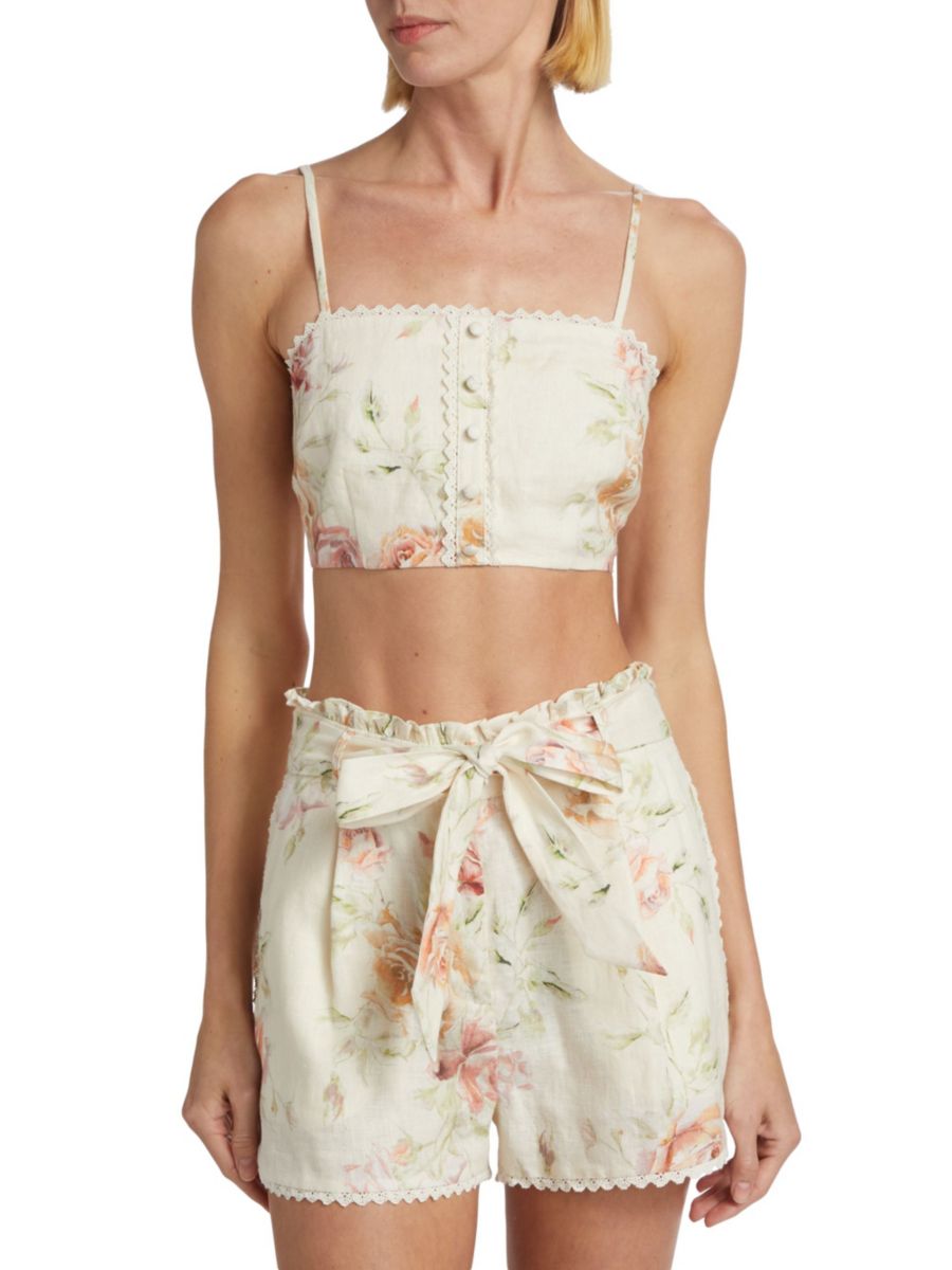 

Укороченный льняной топ с цветочным принтом Emmalou LoveShackFancy, цвет Burnt Orange