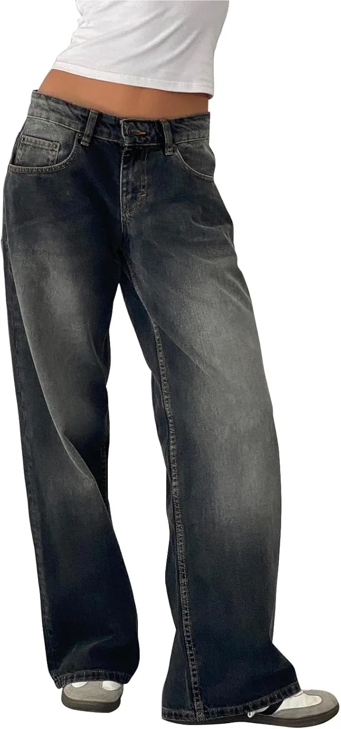 

Багги джинсы прямые широкие для женщин, washed vintage, low rise