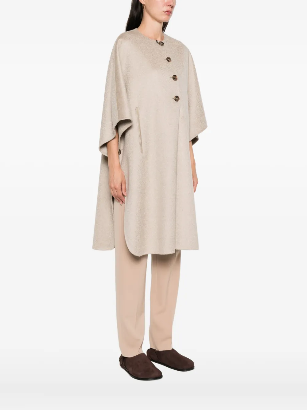 Кашемировое пальто-накидка с застежкой на пуговицы MAX MARA, нейтральный — фото 3
