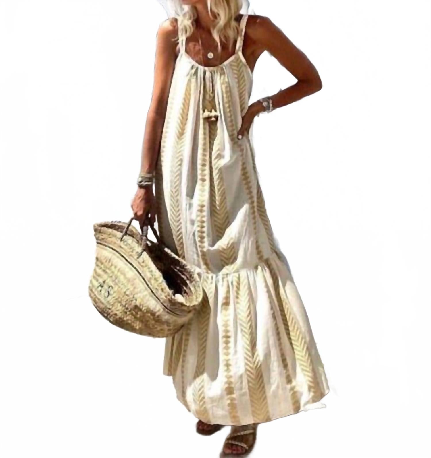 

KASIA Хлопковое длинное платье бело-золотого цвета