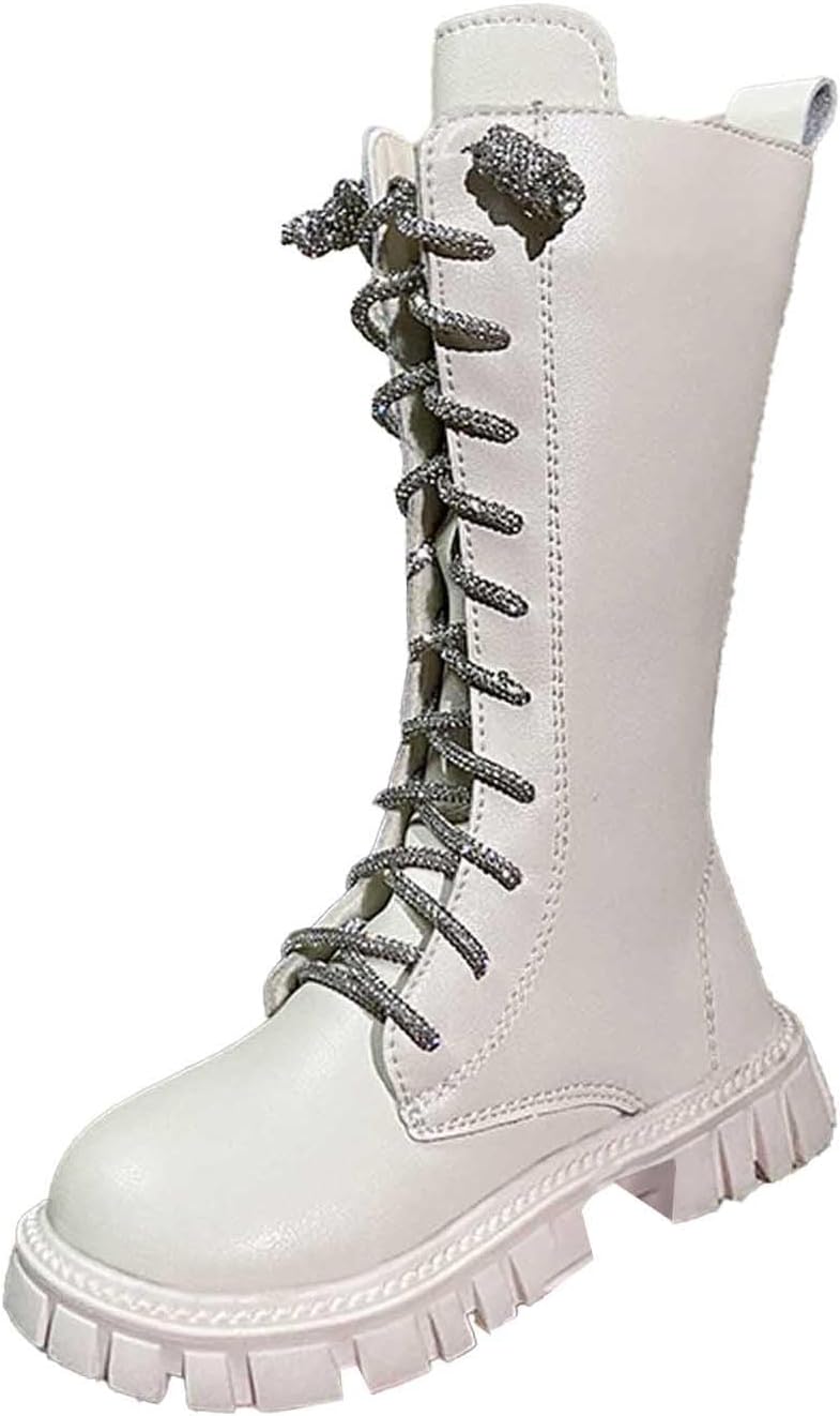 

Generic Детские сапоги для девочек до колена, с молнией и шнуровкой, боевые сапоги 2025 года, модные кожаные школьные сапоги, панк-готика, белые ботильоны, на возраст 4-12 лет