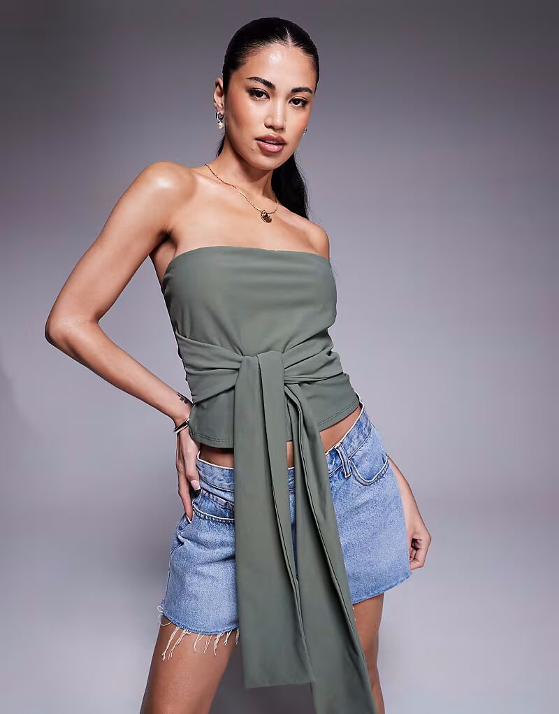 

Топ-бандо ASOS DESIGN цвета хаки с завязками на талии