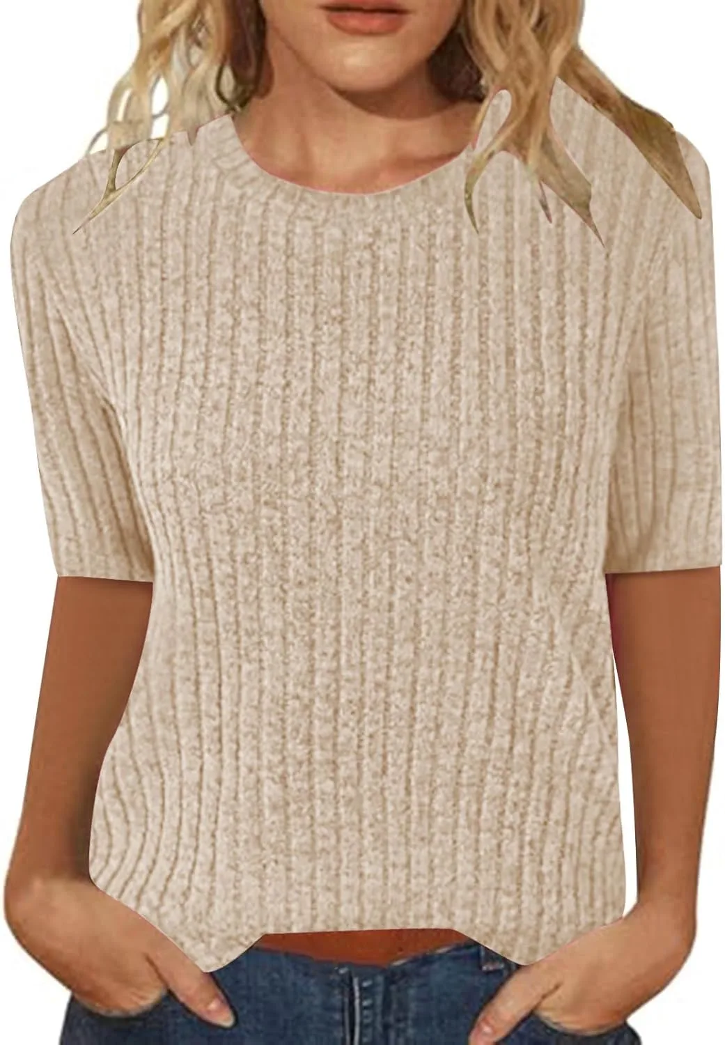 

Женская блузка с коротким рукавом и круглым вырезом, рифленая вязка