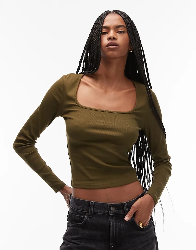 

Лонгслив ASOS DESIGN с квадратным вырезом и длинными рукавами в рубчик темно-оливкового цвета