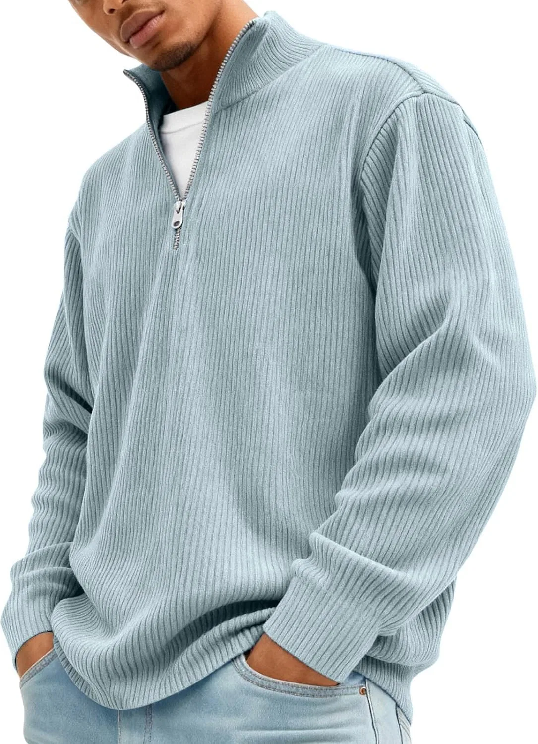Мужской свитер с воротником-стойкой, Corduroy, бренд Generic, цвет sky Blue — фото 2
