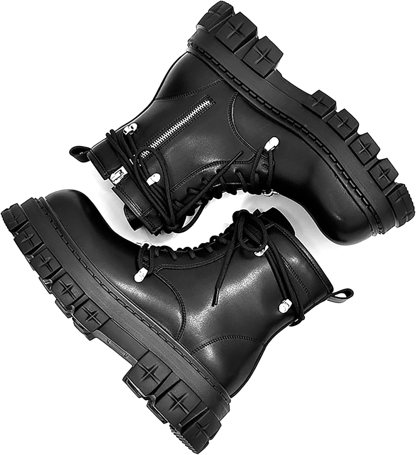 

Мужские кожаные платформенные боевые ботинки с модной круглой ноской, шнуровкой, боковой молнией, мотоциклетные ботинки, комфортные, с нескользящей подошвой, ботинки до щиколотки Ryvz Tynx, черный