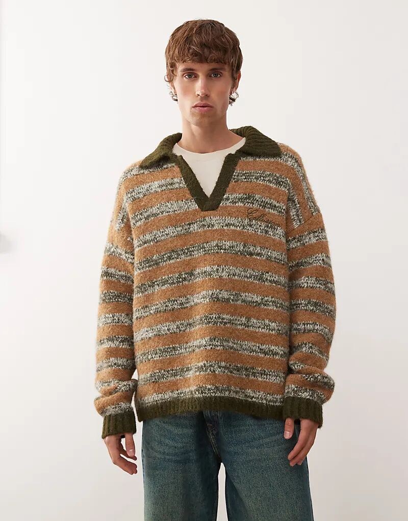 

COLLUSION Вязаный свитер свободного кроя в полоску с воротником коричневого цвета