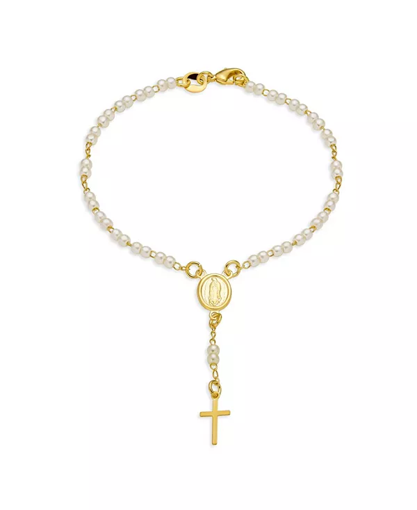 

Изящный браслет из белых жемчужин с четками и крестом, позолоченный, 7,5 дюймов Bling Jewelry, white