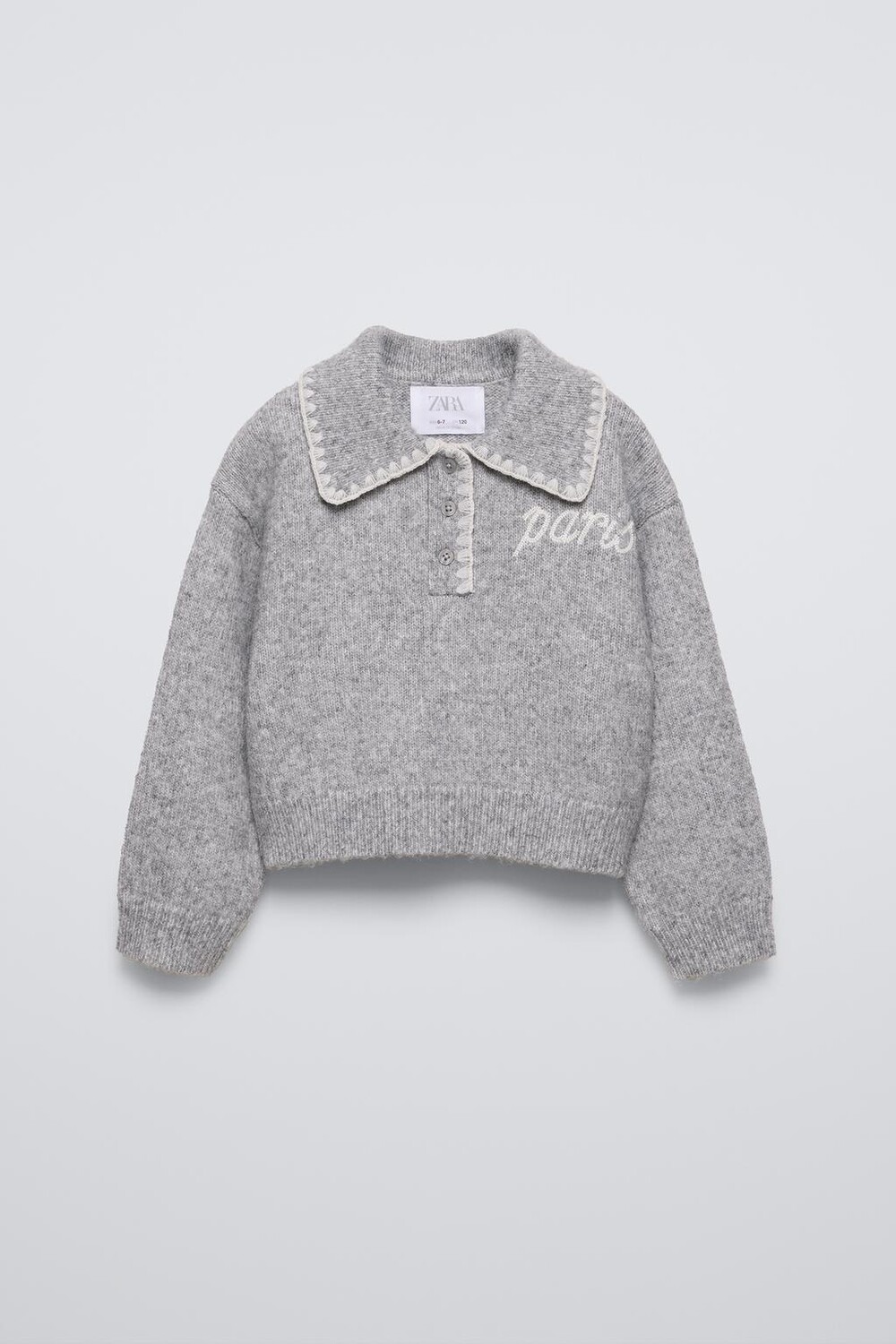 

Свитер поло с вышивкой ZARA, жемчужно-серый