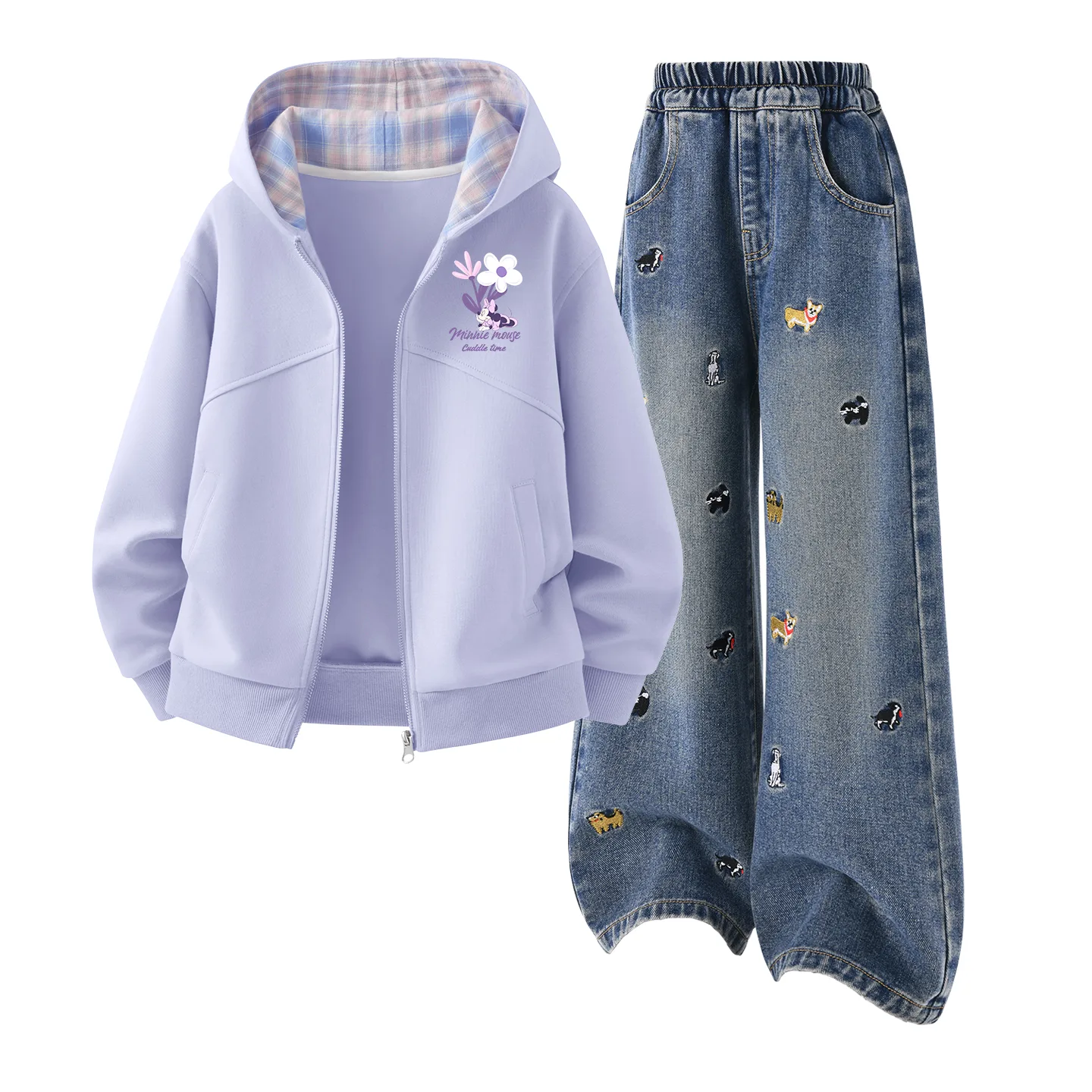 Детская повседневная спортивная футболка с круглым вырезом Disney, Di Chao Flower K Twilight Mountain Purple+Solid Color Denim Blue