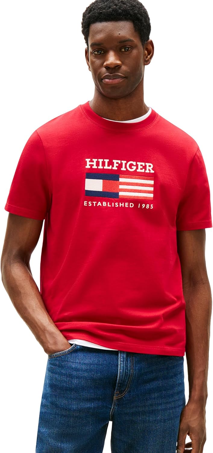 Мужские хлопковые футболки Tommy Hilfiger с коротким рукавом и вышитым логотипом-флажком, Medium Red
