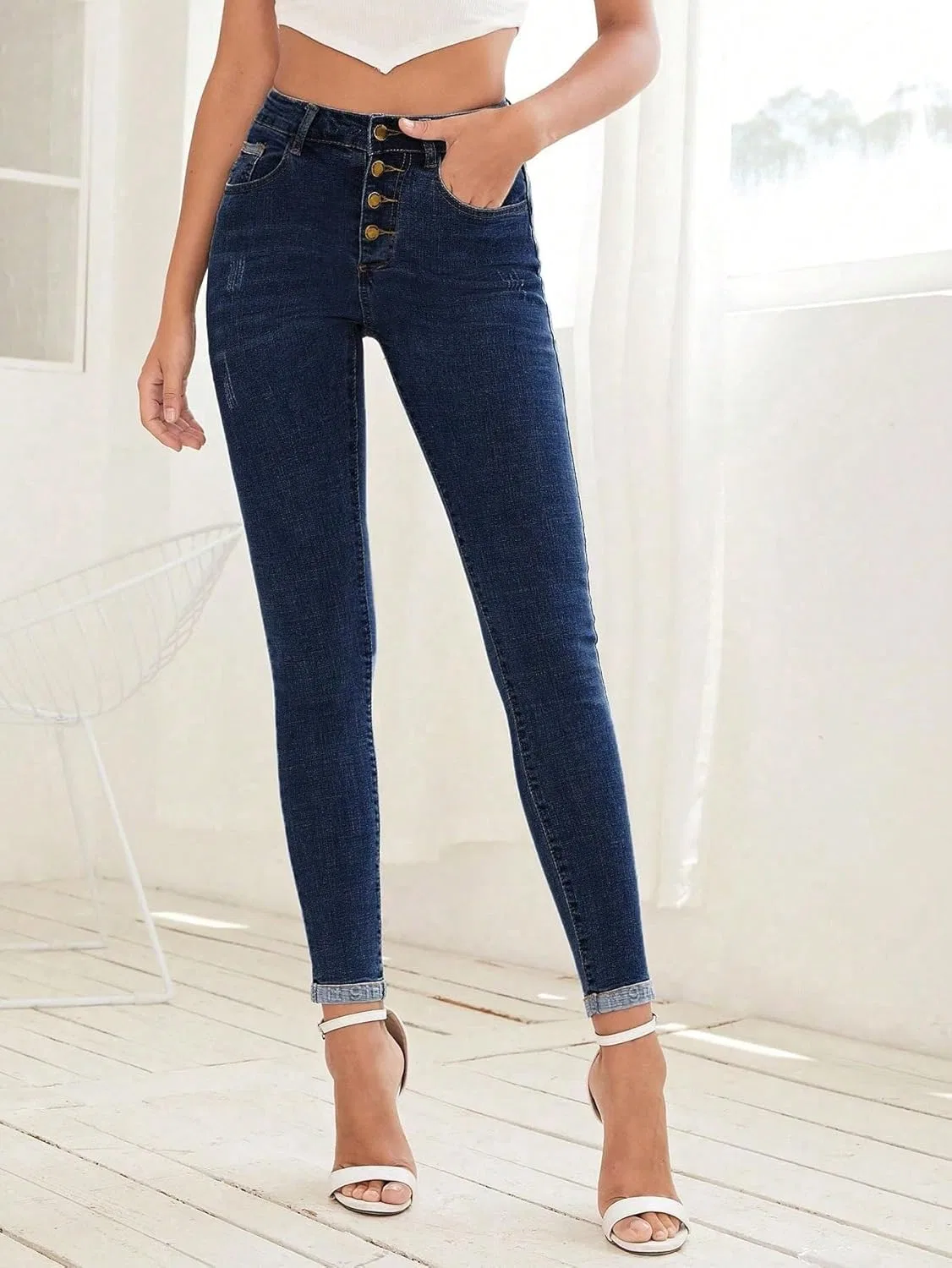 Джинсы свободные, Button-Front Slim Fit, Dark Wash — фото 3