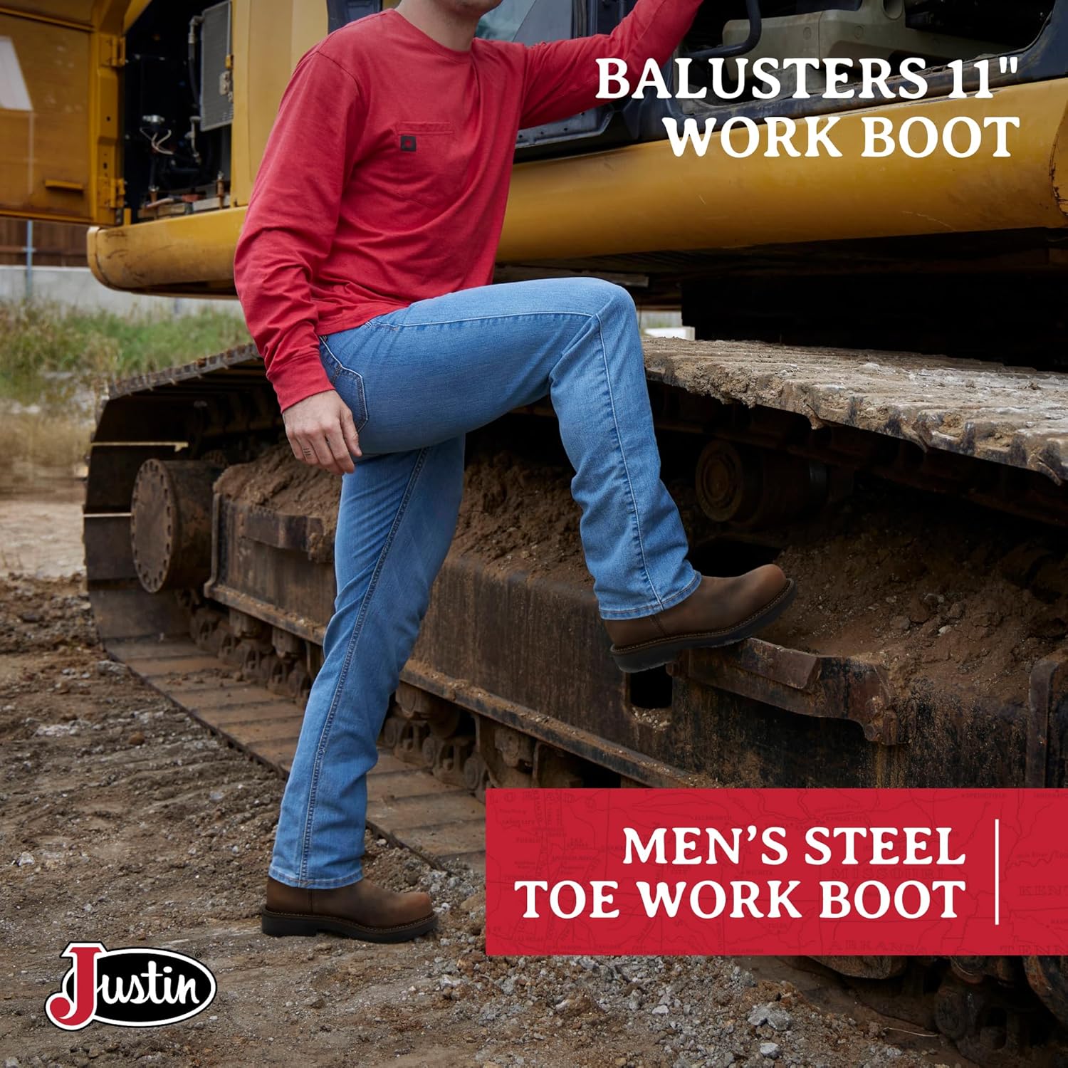 Рабочие ботинки Justin Balusters 11" с стальным носком для мужчин - круглый носок, натуральная кожа полного тиснения, ботинки с защелкой и стальным носком, с противоскользящей подошвой, соответствует стандарту EH — фото 2