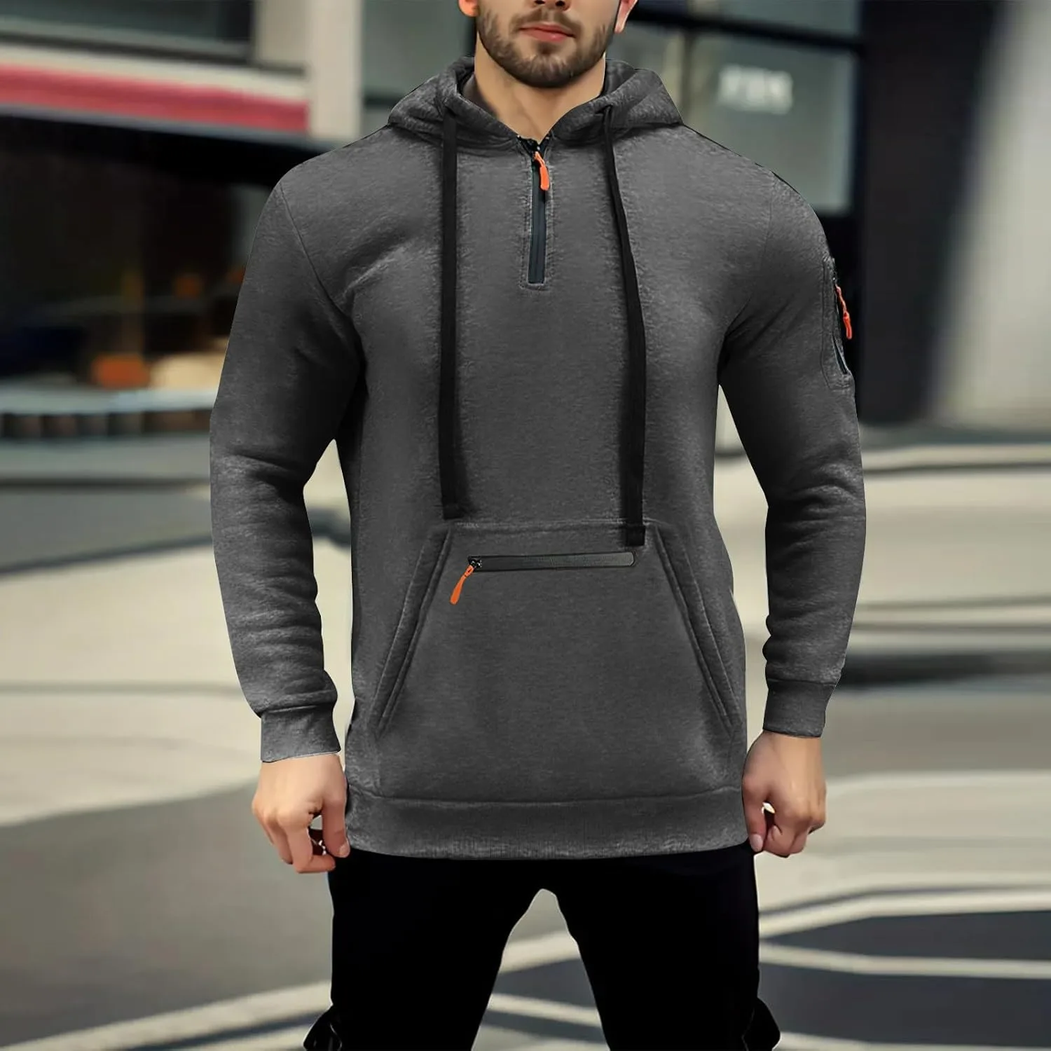 Мужская худи с четвертью молнии Pullover Big and Tall тактическая с длинным рукавом и карманами — фото 2