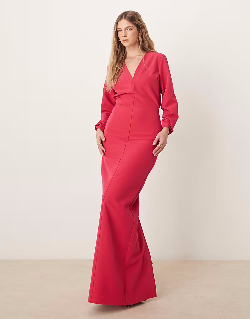 

Платье макси Pretty Lavish с длинными рукавами и глубоким декольте цвета фуксии
