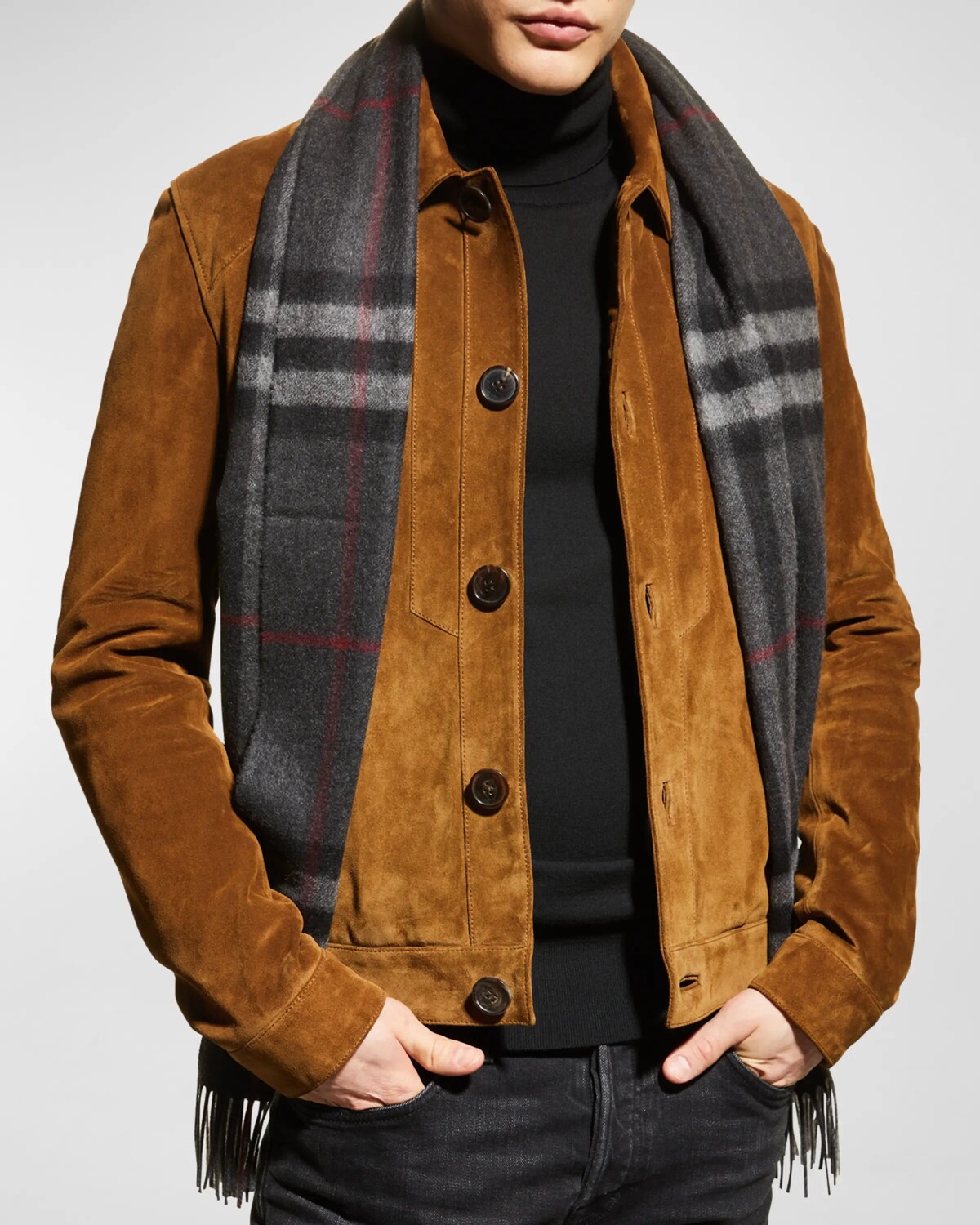 

Классический мужской кашемировый шарф в клетку с бахромой Burberry, цвет Charcoal
