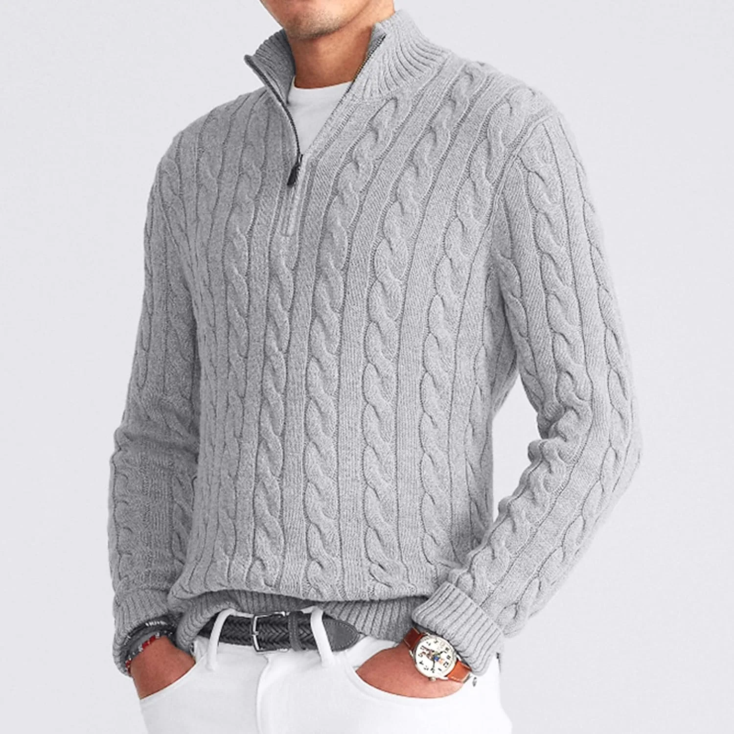Мужской пуловер Quarter Zip с воротником-стойкой и кабельной вязкой — фото 3