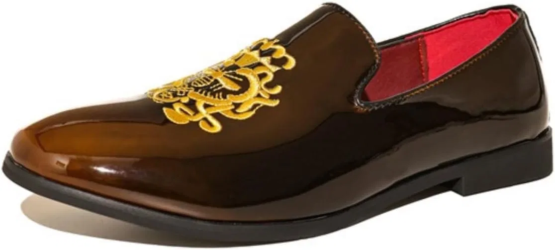 Лоферы кожаные вышивка Men's Classic Round Toe Flat Comfortable Lightweight Breathable Business Shoes, Brown Netehadi
