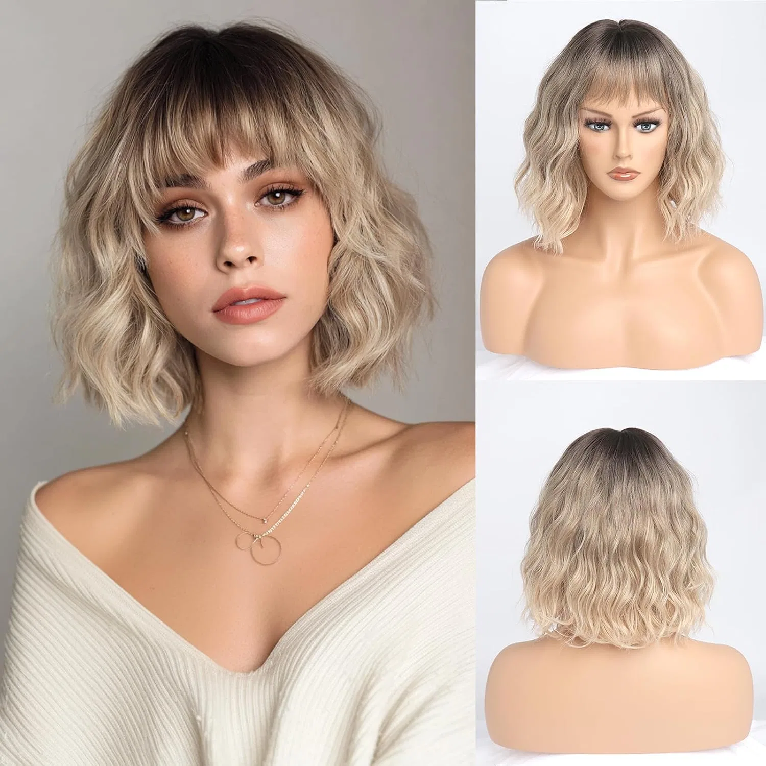 Короткий волнистый парик омбре блонд с челкой Yaissmylu, Ombre Blonde