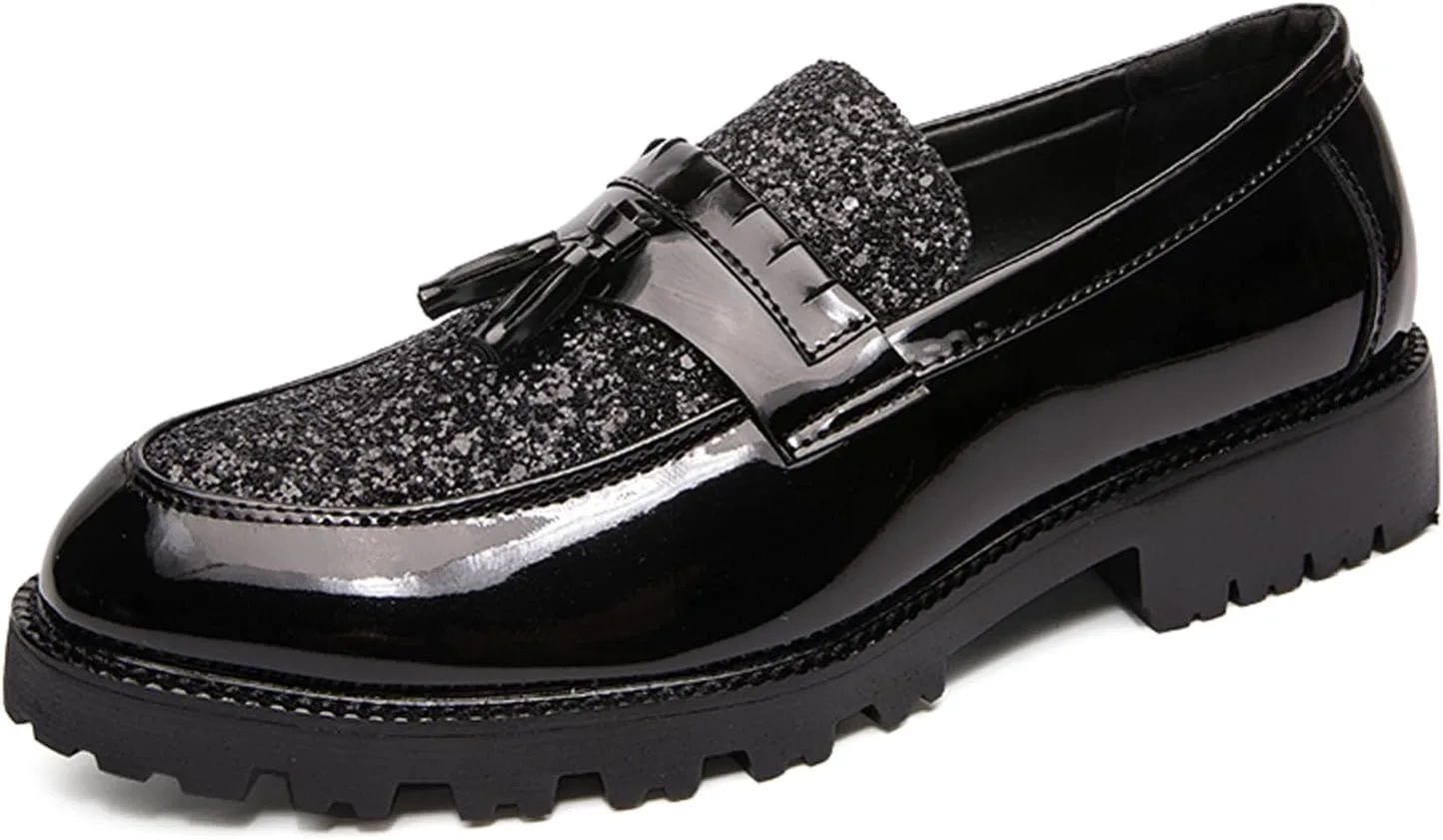 

Мужские блестящие туфли-лоферы с кисточками на резиновой подошве, модные с круглым носком, из искусственной лакированной кожи, деловые туфли для повседневной носки, вечеринки, свадьбы и выпускного Nileeke, черный