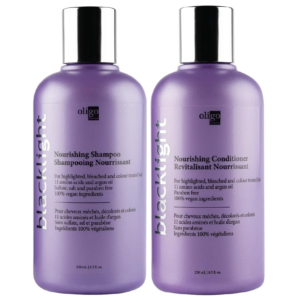 Oligo Professionnel - шампунь и кондиционер Blacklight Nourishing для блонда, без сульфатов, веган, для окрашенных волос, увлажняющая формула с аргановым маслом, набор 2 шт по 250 мл