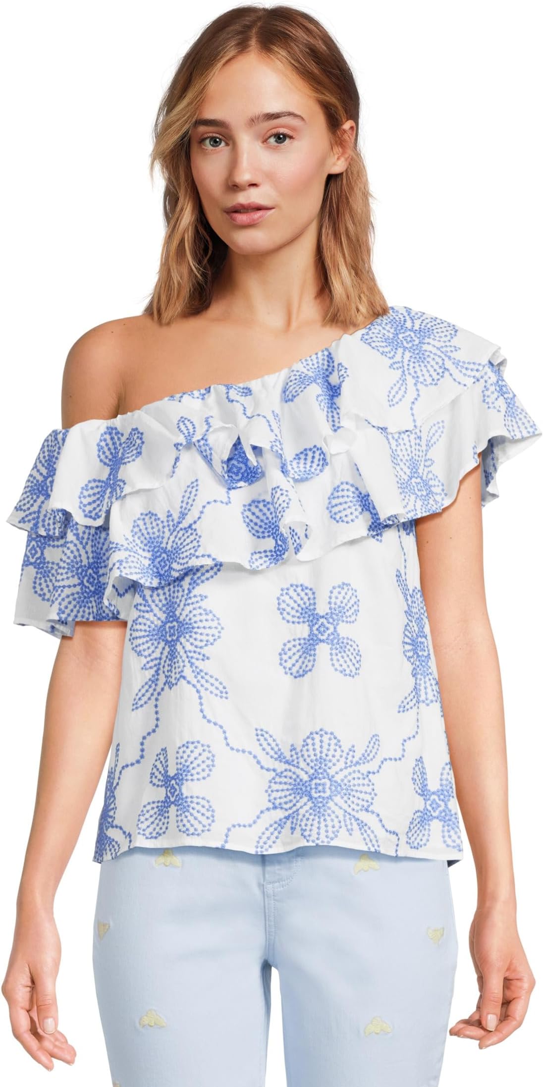 

Женский трикотажный топ Trixie на одно плечо с оборкой Lilly Pulitzer, Sunwashed Blue Al Fresco Dot Embroidery