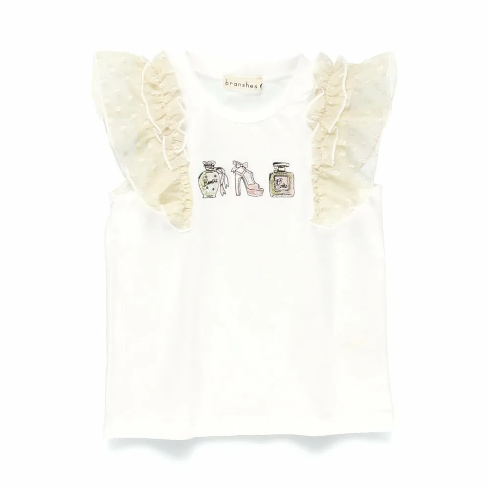Футболка с вышитым мотивом и оборкой на плече Branshes, цвет Off White — фото 2