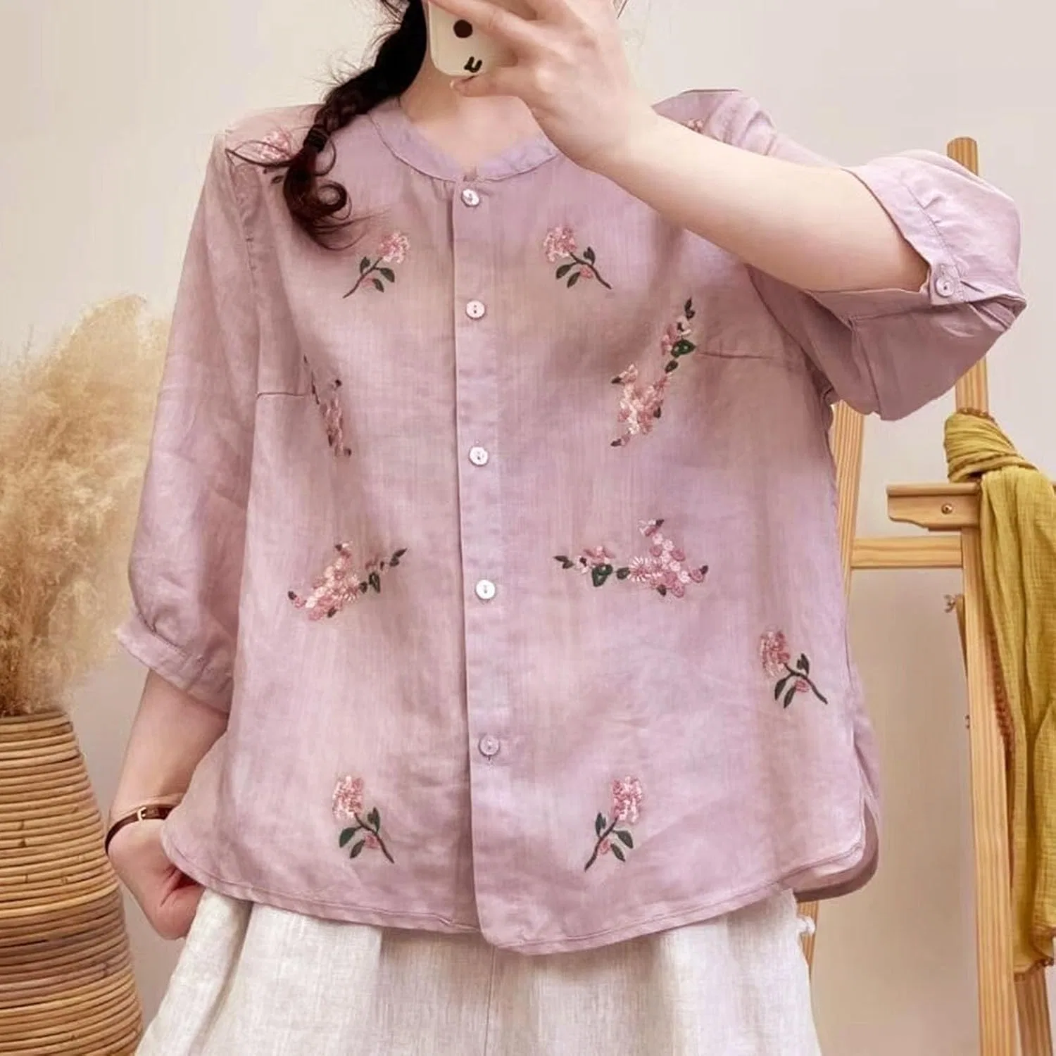 Блуза с вышивкой, из хлопка и льна, Oversize T-Shirt, фиолетовый — фото 2