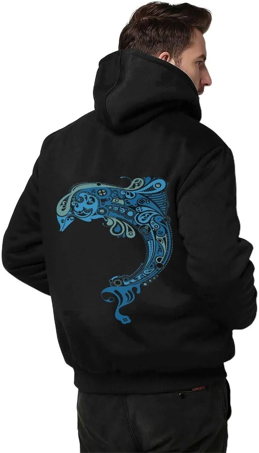 Худи мужское с капюшоном на молнии, Tattoo Dolphin Totem, черное — фото 2