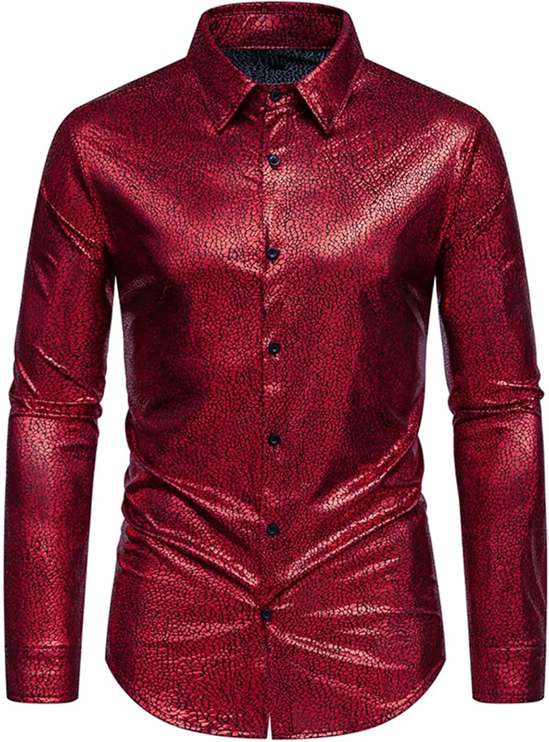

Мужская рубашка Metallic Disco Shiny Slim Fit с длинным рукавом и классическим леопардовым принтом QUNPIU