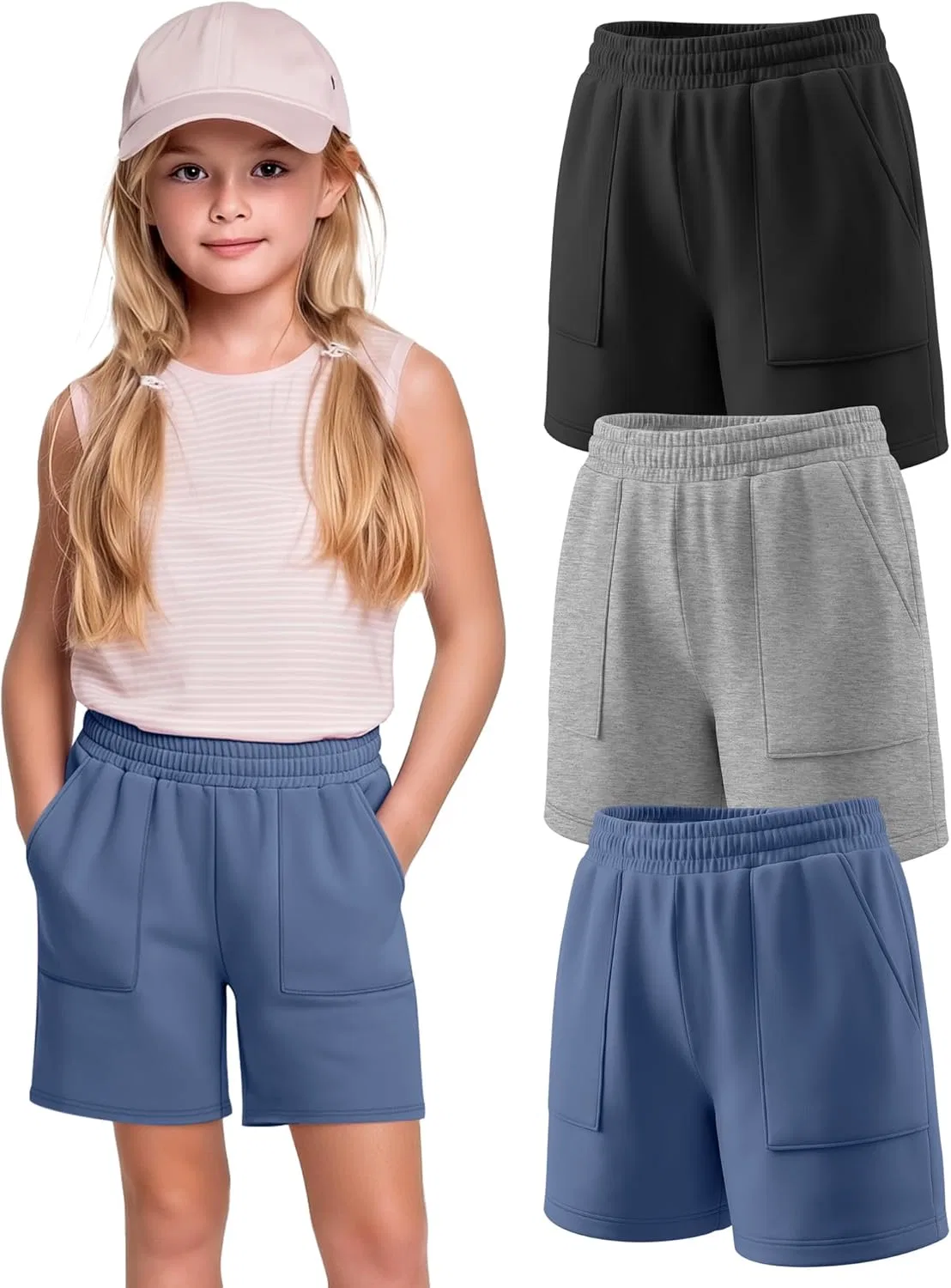 Детские шорты 3 шт. спортивные с карманами, Haze Blue, Light Heather Gray, Black