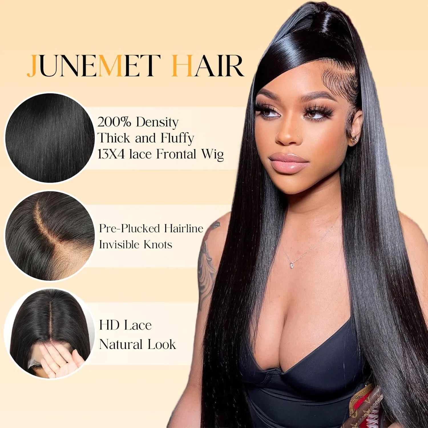 Женский прямой парик из натуральных волос HD Lace Human Hair, 46 см, 200% плотность Junemet, Natural Colour — фото 2