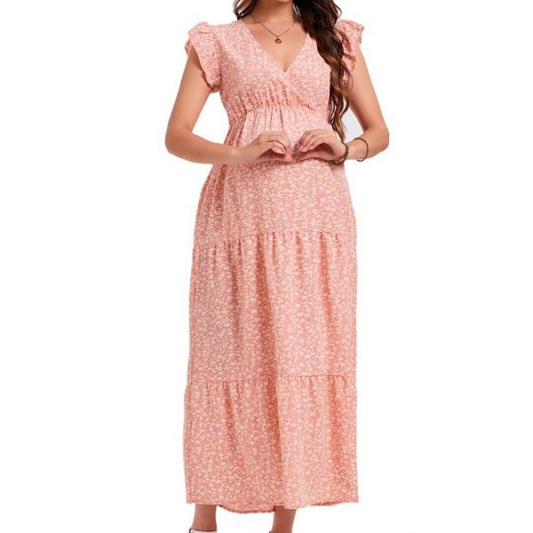 

Летнее платье-макси для беременных с V-образным вырезом и цветочным принтом, с воротником в стиле бохо, короткими рукавами и поясом Yesfashion, Orange