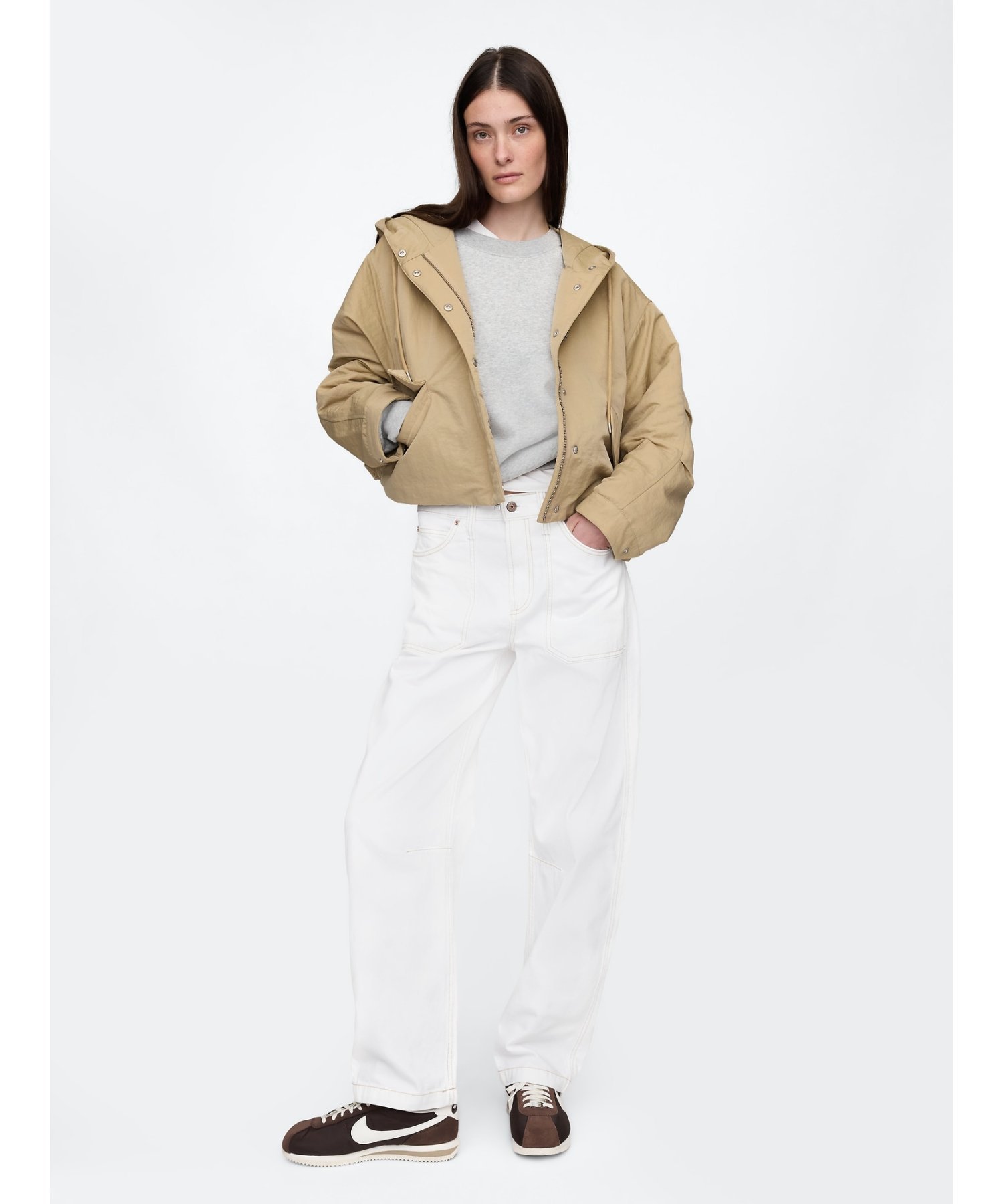 (W) Укороченная нейлоновая куртка с капюшоном GAP, KHAKI — фото 3