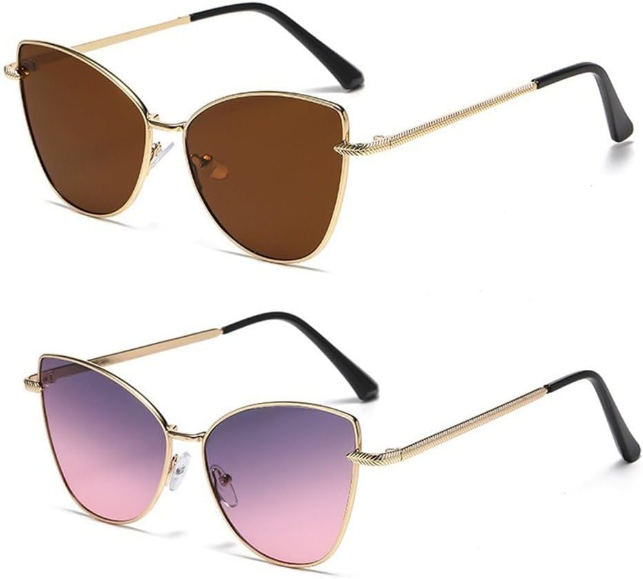 

Ретро металлические солнцезащитные очки в форме «кошачий глаз» в маленькой оправе для женщин, модные, в уличном стиле, декоративные, с защитой от УФ-излучения UV400 LOVQZAOF, 2pcs Brown Pink