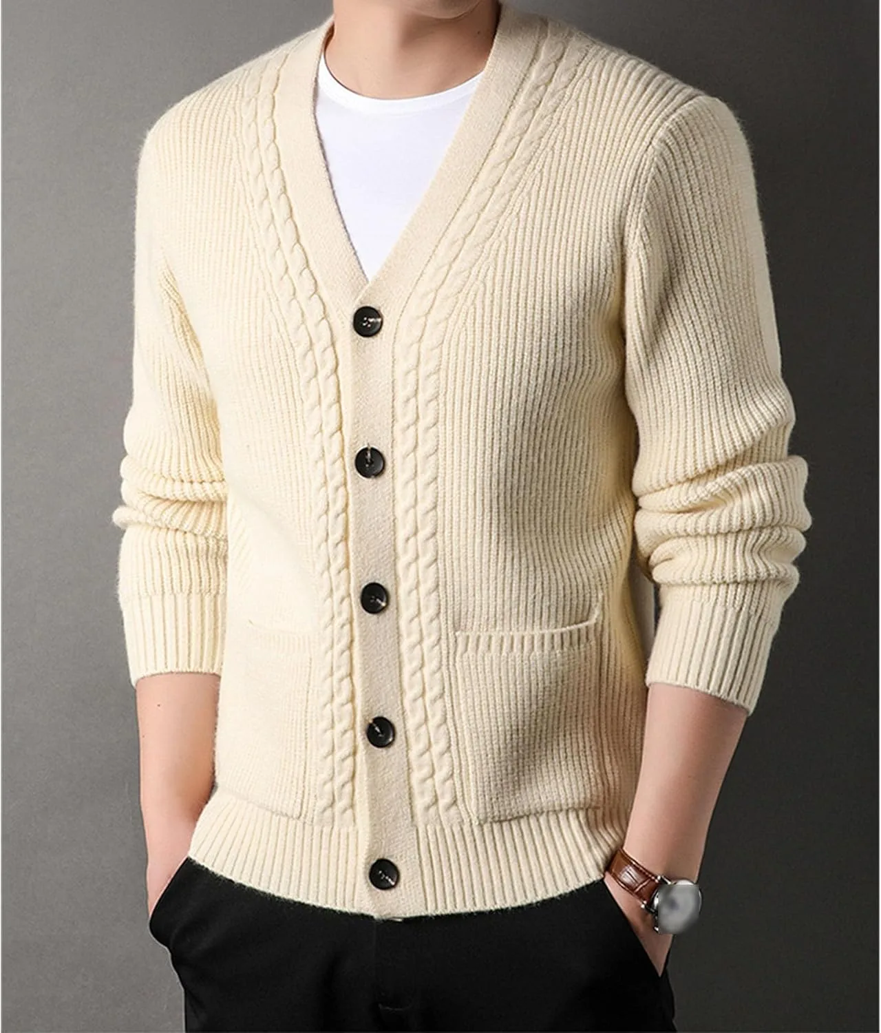 Мужской кардиган с косичками и пуговицами, slim fit, из смесовой шерсти — фото 2