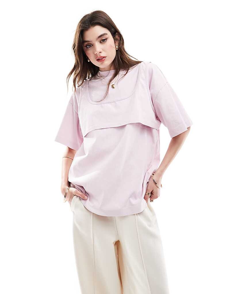 

ASOS Design – Двухслойная футболка оверсайз размытого розового цвета с укороченной накладной кофточкой