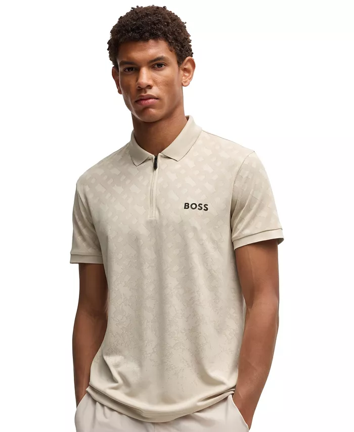 

Мужская поло с жаккардовым монограммным узором Quick-Dry Hugo Boss, коричневый/бежевый