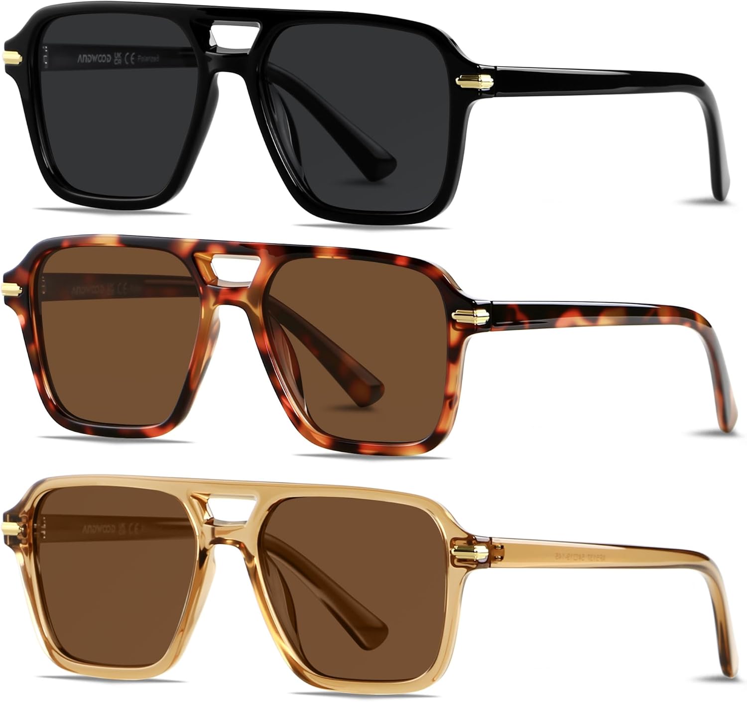 

Поляризованные солнцезащитные очки-авиаторы ANDWOOD для женщин и мужчин в стиле ретро 70-х, 80-х, 90-х годов. Модные квадратные очки-пилоты в винтажном стиле, (3pack) Black + Brown Tortoise + Transparent Brown