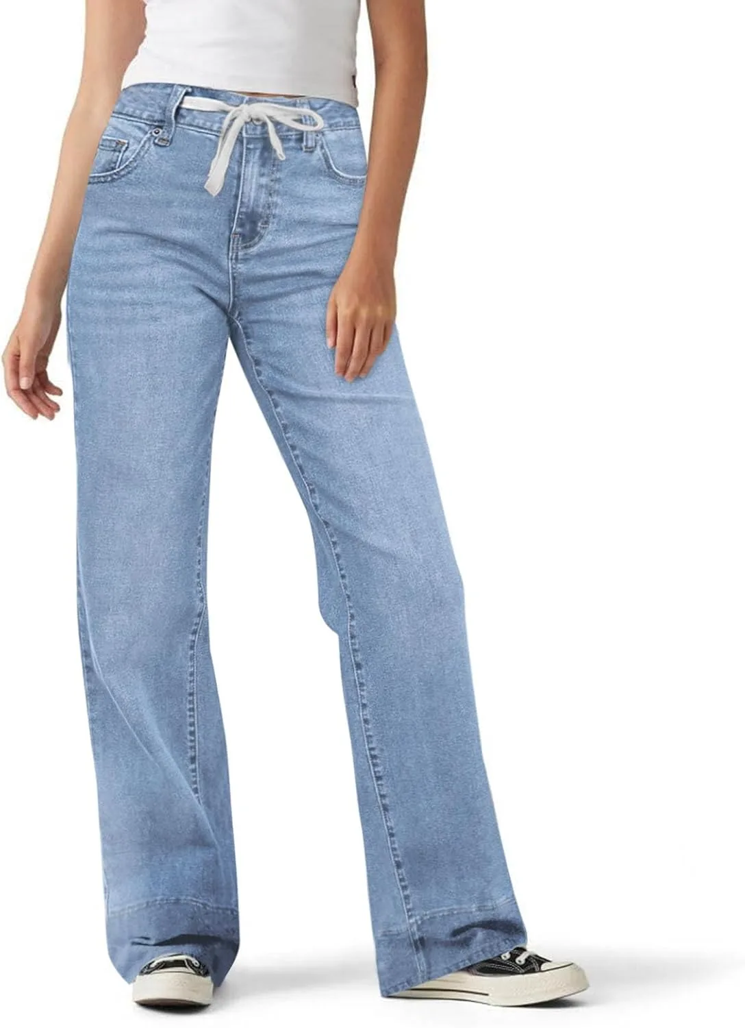 Прямые джинсы для женщин Casual High Waisted с кулиской, эластичные, свободного кроя — фото 4