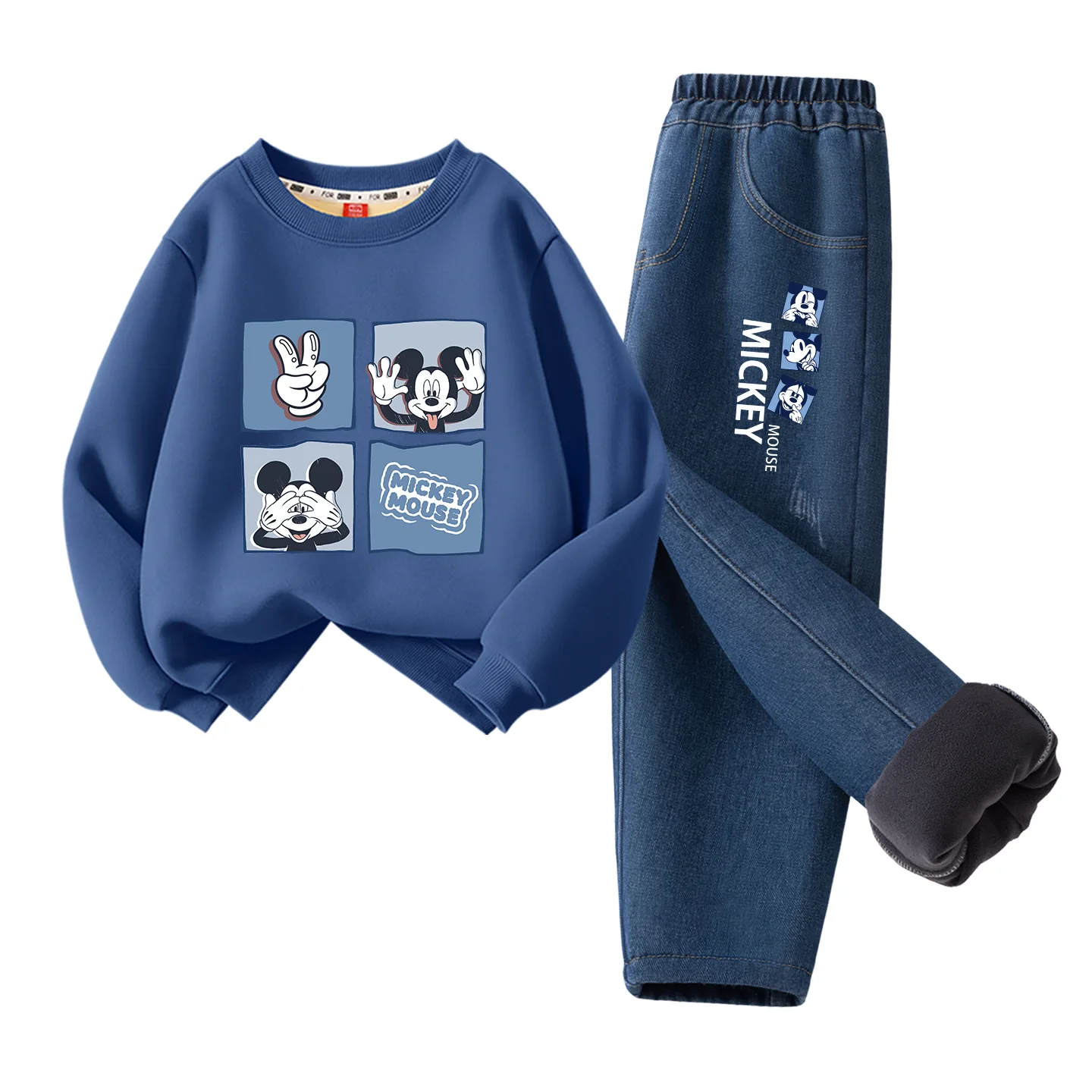 Детский спортивный костюм с круглым вырезом Disney, [Thickened and Fleece-Lined]Di Square Check Indigo+Di Frame Mickey Mouse K Denim Blue
