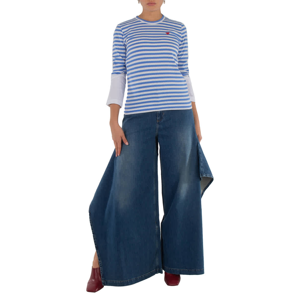 

Cdg Play Футболка с длинным рукавом с горизонтальной полосатой эмблемой в виде сердца, синий/белый