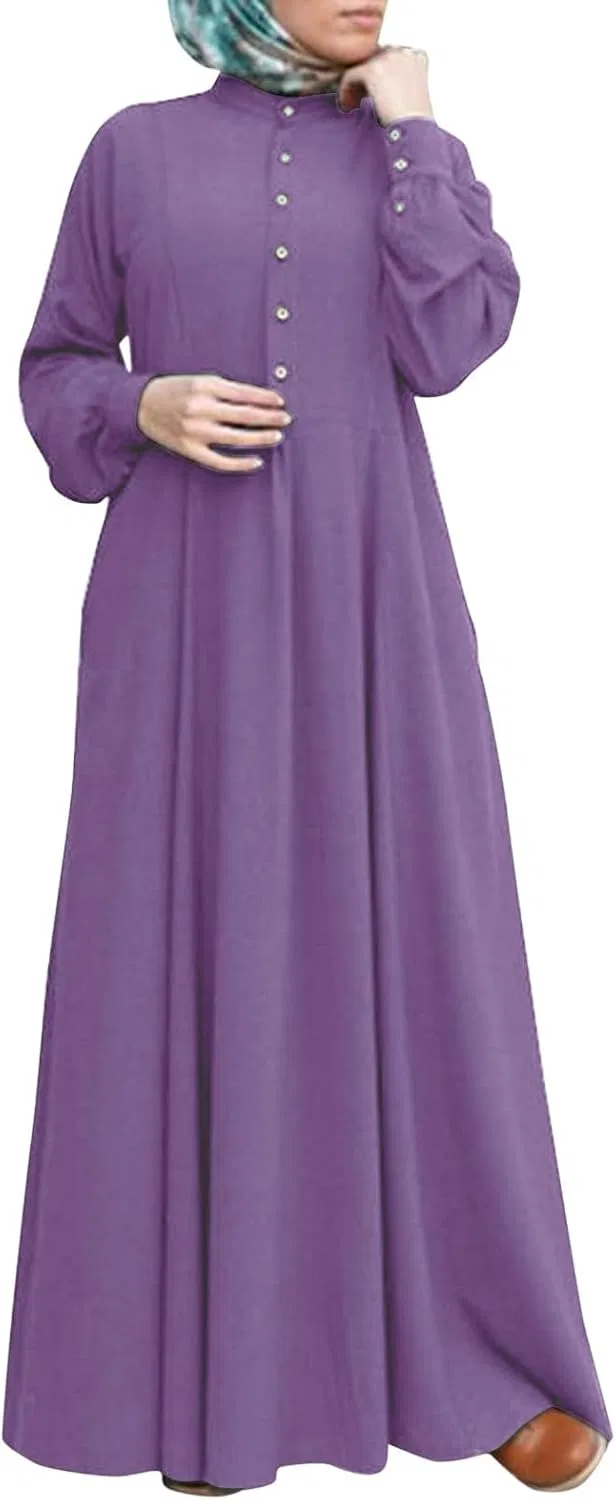 Абая для женщин Muslim Dubai Dress этнического стиля Kurti мусульманское платье с длинными рукавами, завязывающееся на само-завязки, струящееся макси платье для элегантного кэжуал образа Generic, фиолетовый — фото 2