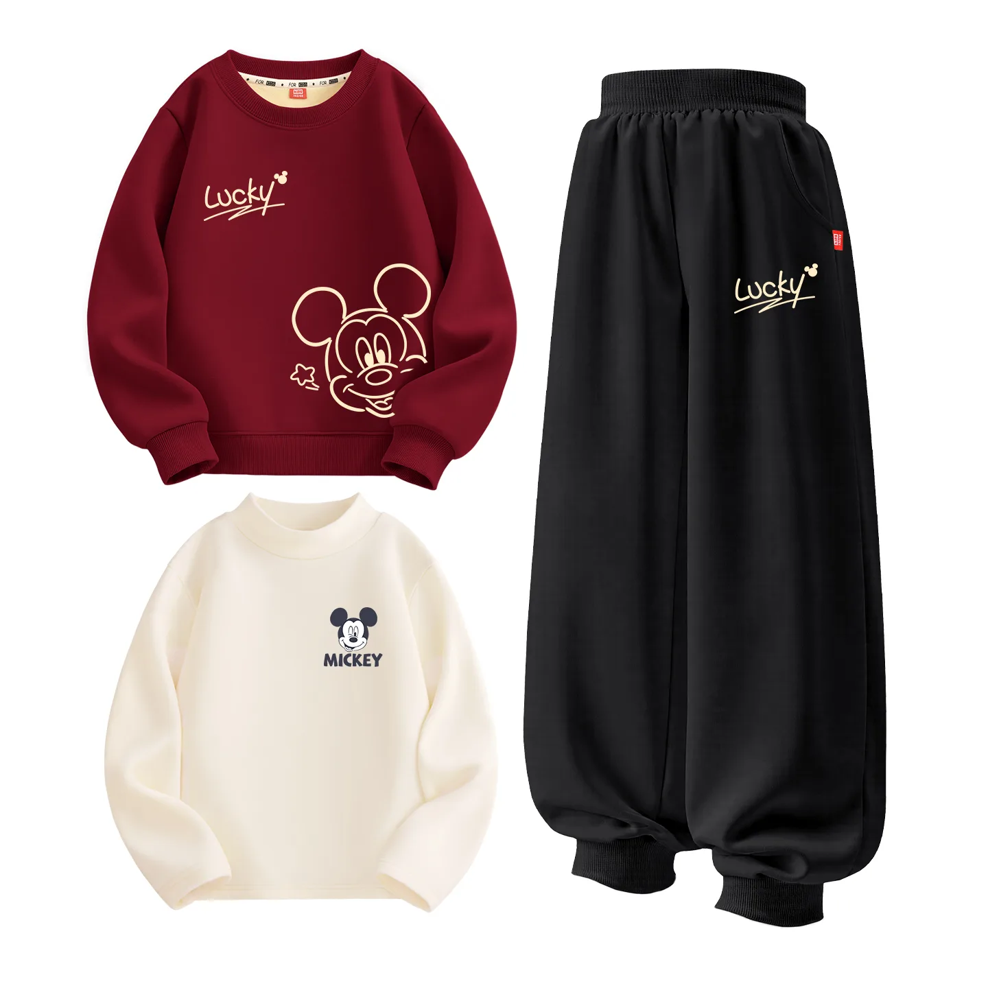 Детский спортивный костюм с круглым вырезом Disney, [Thickened and Fleece-Lined Three-Piece Set]Di Wealth Treasure Wine Red+Di Treasure K Graphite Gray+Gt Di Big Smile K Milk White — фото 4