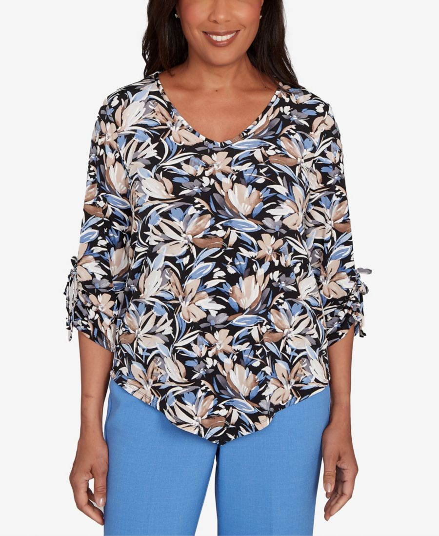 

Укороченный вязаный топ с рукавами-завязками и цветочным принтом в стиле мазков кисти Alfred Dunner, Black Multi