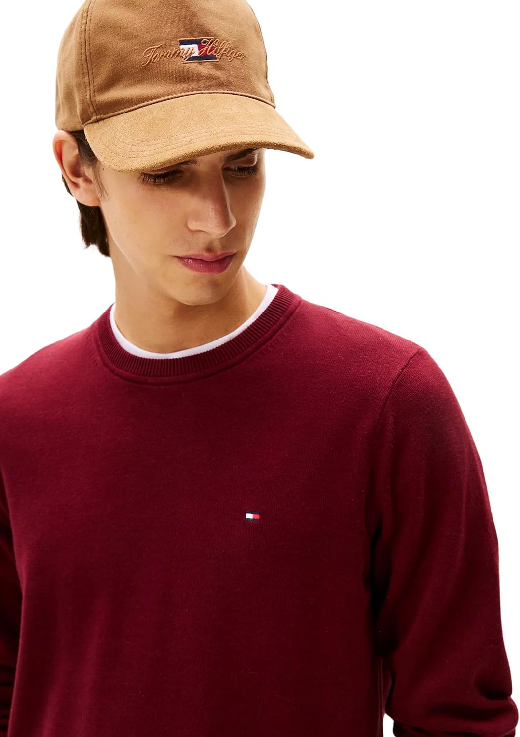 Мужской фирменный однотонный свитер с круглым вырезом TOMMY HILFIGER из коллекции 2025 года, Deep Rouge — фото 3