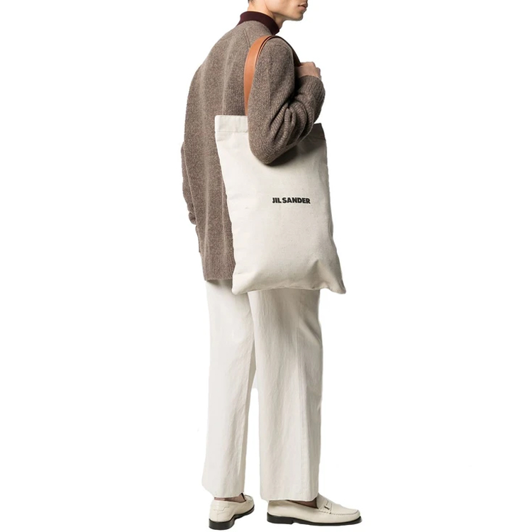 JIL SANDER Сумка-тоут из холста с кожаными деталями, унисекс наплечная сумка white — фото 3