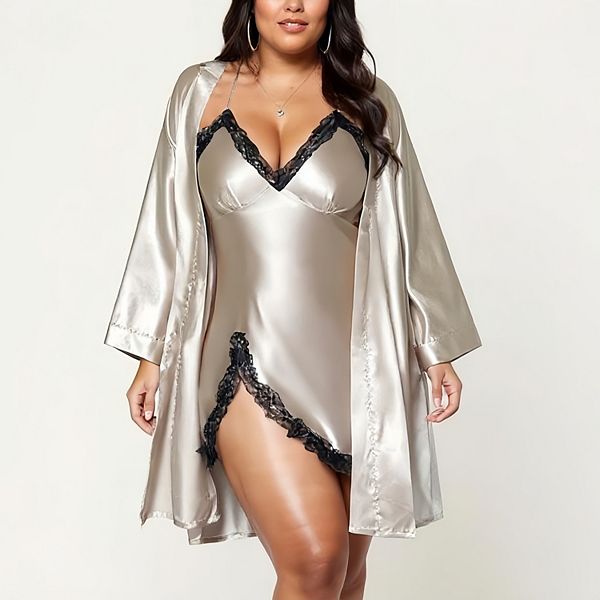 

Женский комплект из 2 предметов: атласное платье-комбинация и халат с элегантным струящимся силуэтом Anna-Kaci, Light Beige
