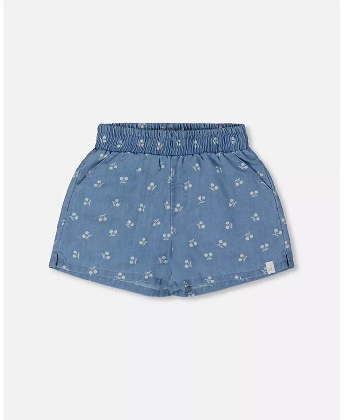 

Шорты из пестрой ткани в клетку Big Girls Printed Chambray Short Blue And White Cherries Deux par Deux, синий